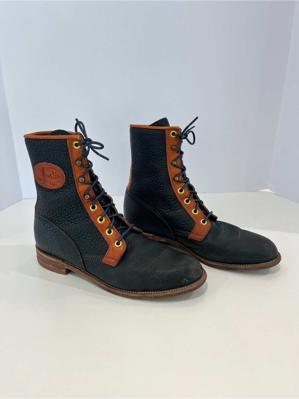 JUSTIN Vintage Leather Lace-Up Boots Navy Blue with Brown Trim | Women’s 7B